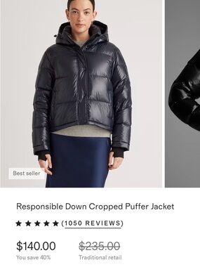 NEW Quince Responsible Down Cropped Puffer Jacket - Black, Size XS